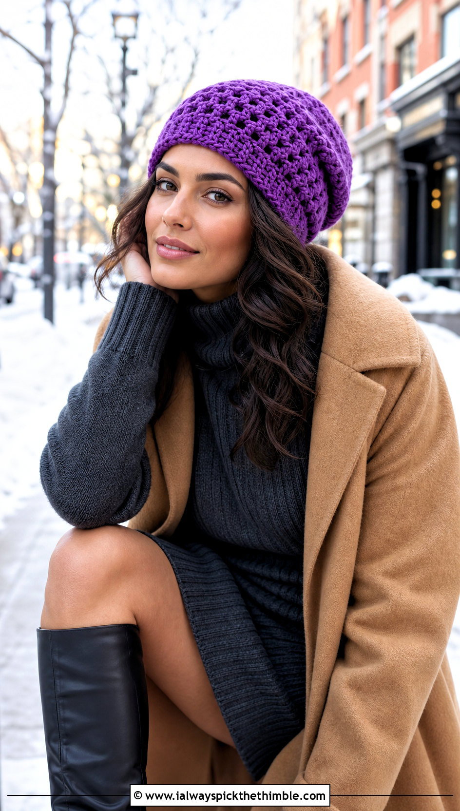 Slouchy Granny Stitch Beanie With Sweater Dress And Boots - 20 crochet granny stitch hat outfit ideas