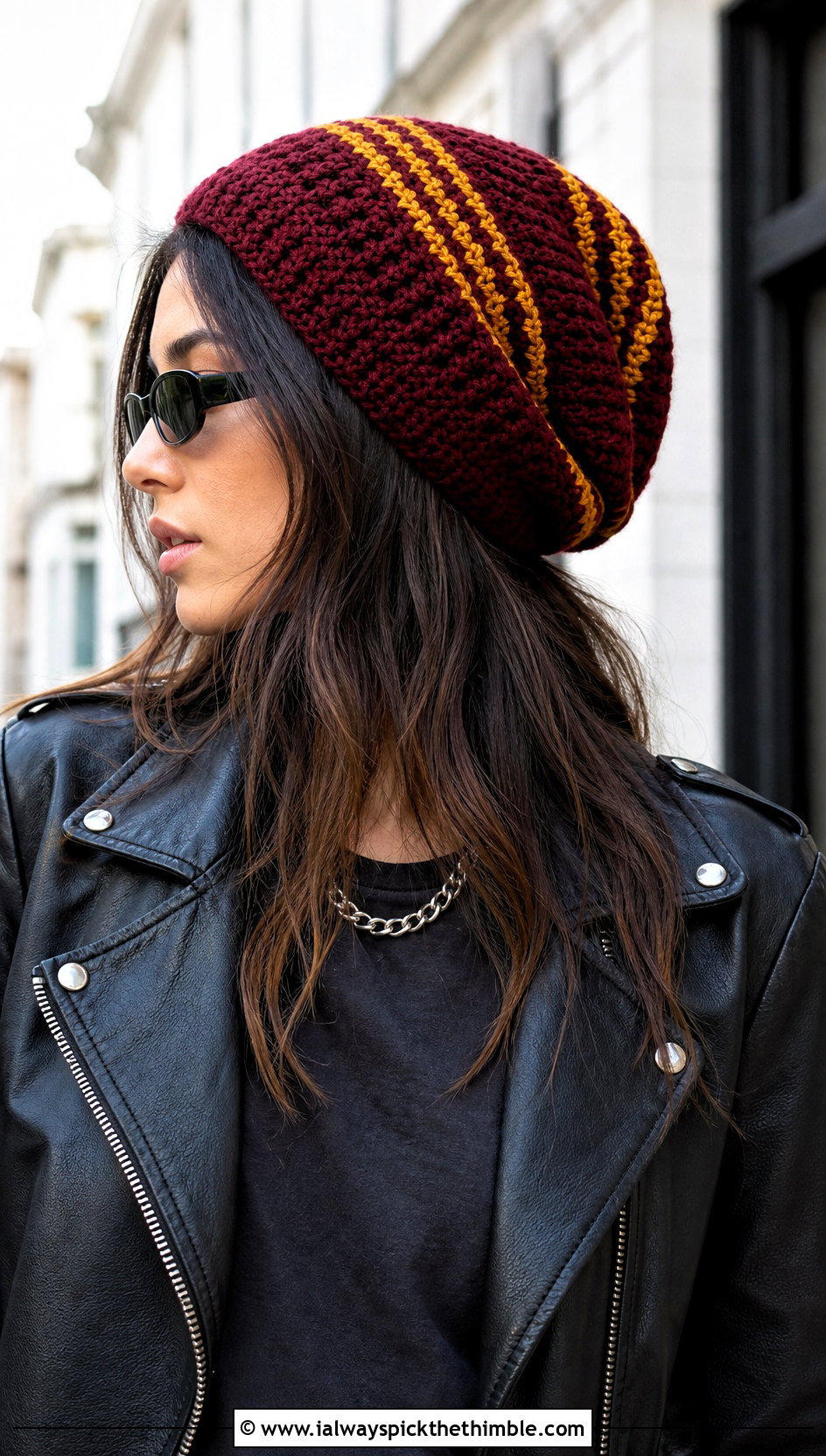Slouchy Gryffindor Crochet Beanie With Leather Jacket - 15 gryffindor crochet hat outfit ideas