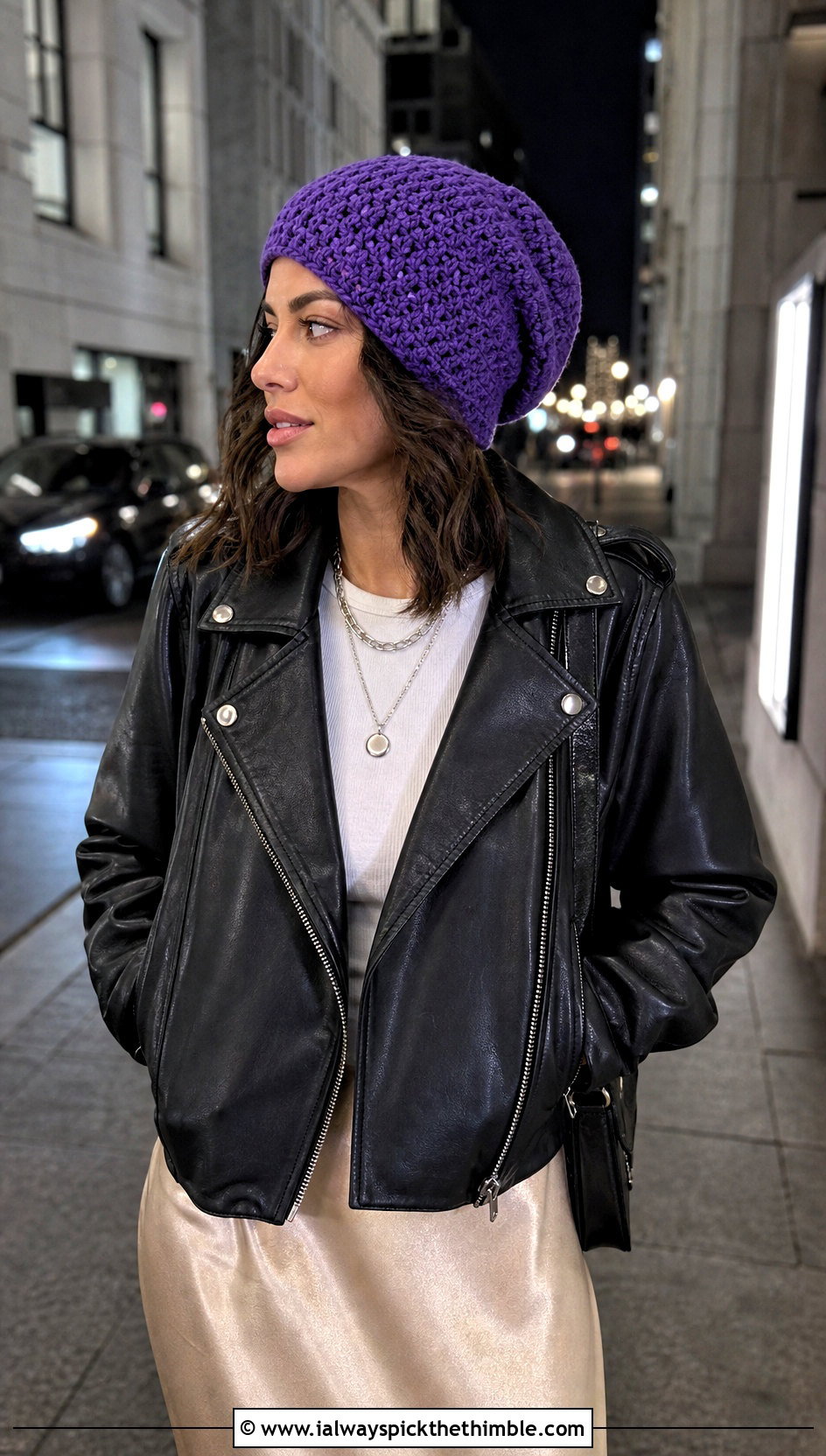 Slouchy HDC Crochet Beanie With Leather Jacket And Satin Skirt - 20 hdc crochet beanie outfit ideas