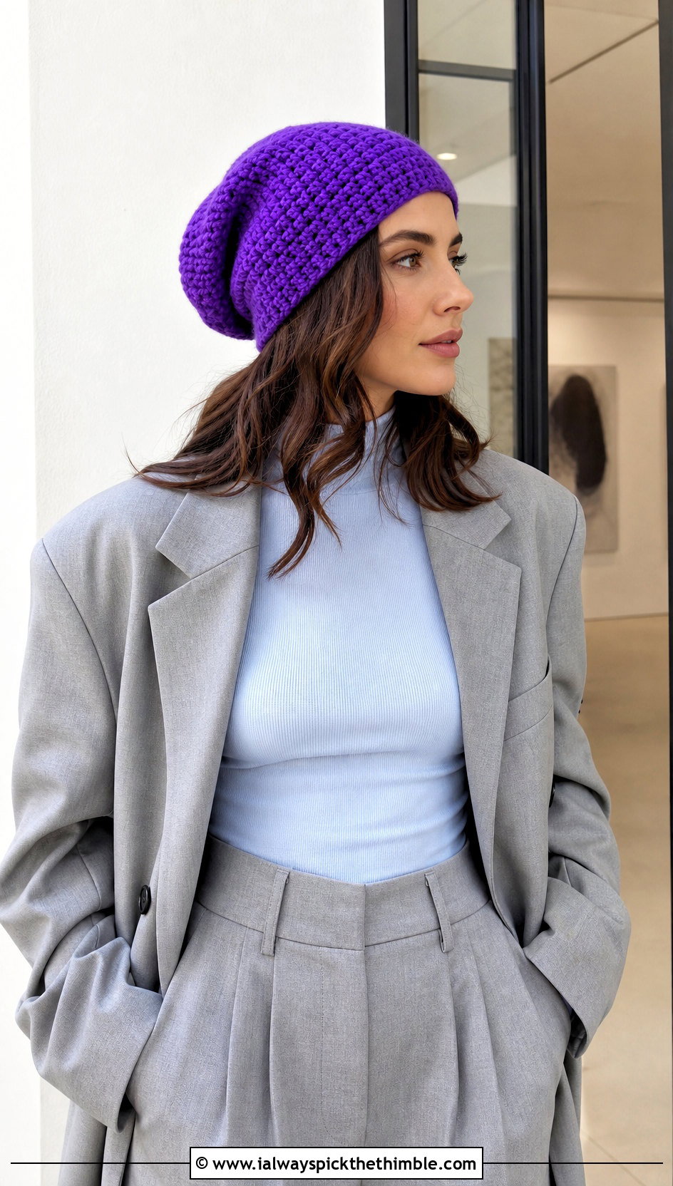 Slouchy Half Double Crochet Beanie With Blazer And Trousers - 25 half double crochet beanie outfit ideas