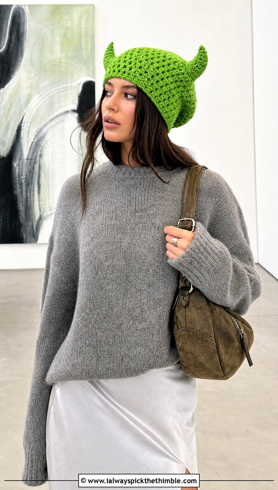 Slouchy Horned Crochet Beanie With Satin Slip Skirt - 20 Crochet Horned Beanie outfit ideas