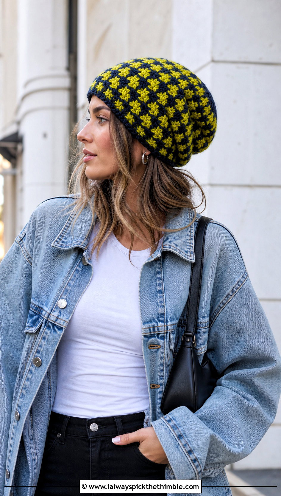 Slouchy Houndstooth Crochet Beanie With Denim Jacket - 15 houndstooth crochet hat outfit ideas