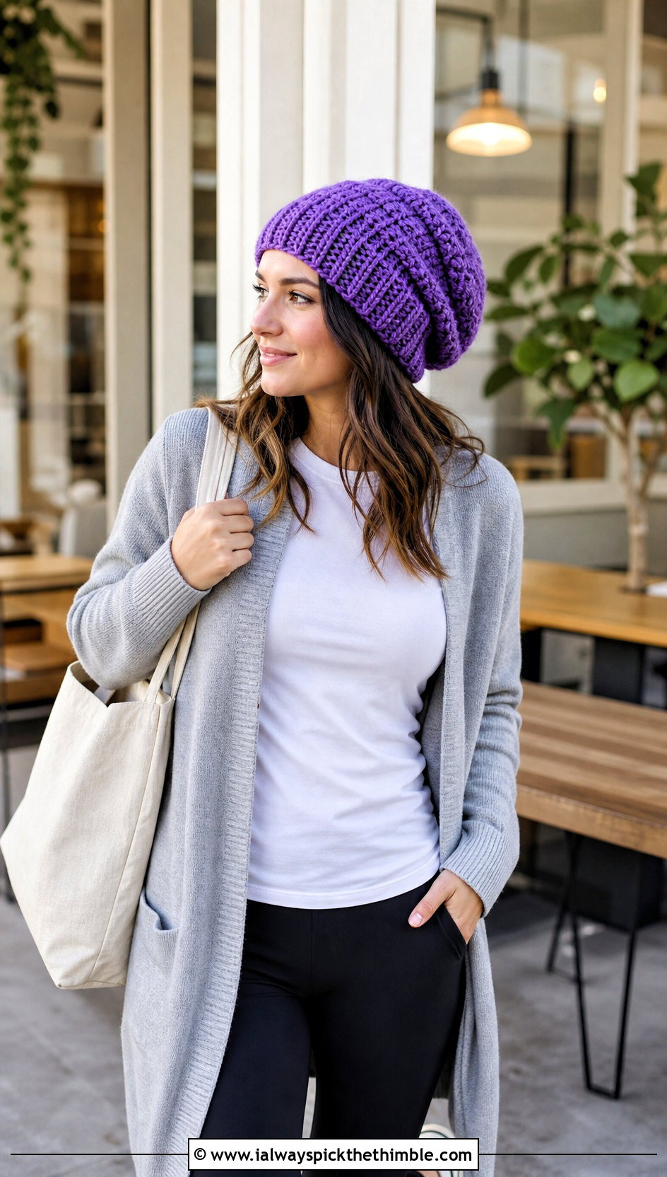 Slouchy Knit Look Crochet Beanie With Cardigan And Leggings - 20 Crochet Beanie That Looks Like Knit outfit ideas