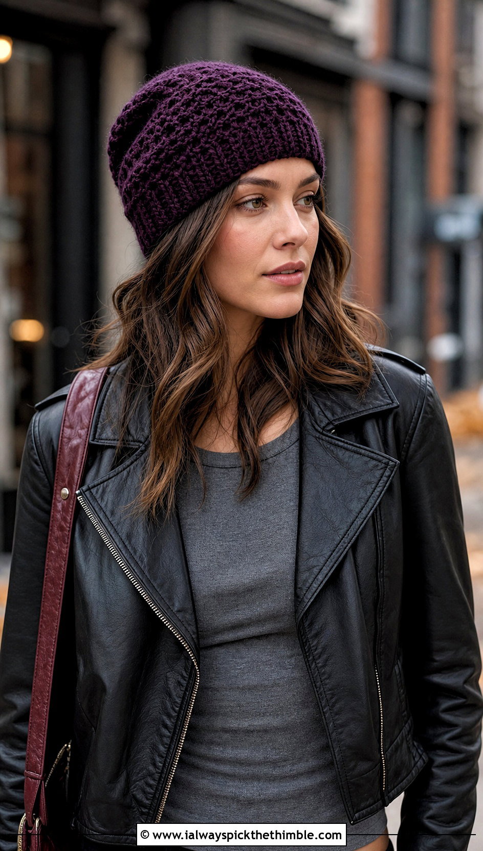 Slouchy Knit Look Crochet Beanie With Leather Jacket - 20 Crochet Knit Look Hat outfit ideas