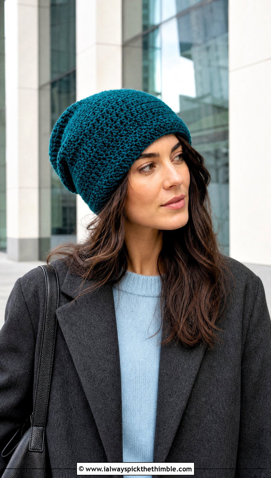 Slouchy Magic Circle Crochet Beanie With Blazer And Trousers - 20 Crochet Beanie Magic Circle outfit ideas