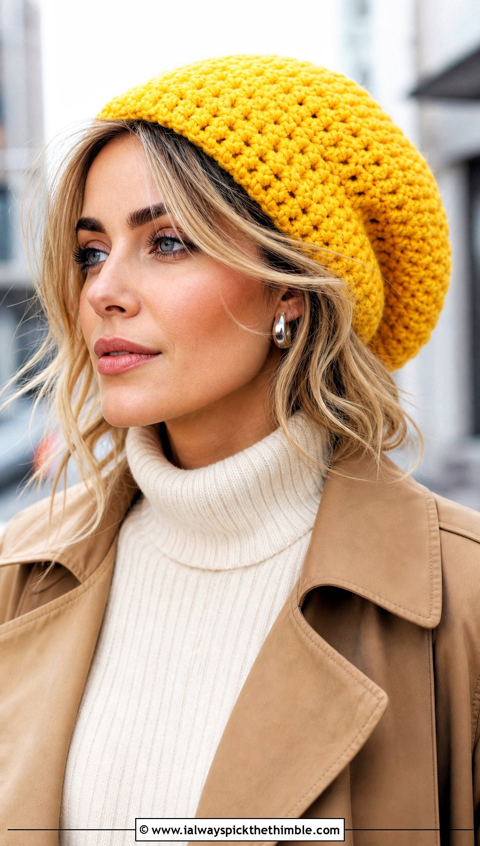 Slouchy Magic Circle Crochet Beanie With Trench Coat - 20 Magic Circle Crochet Hat outfit ideas