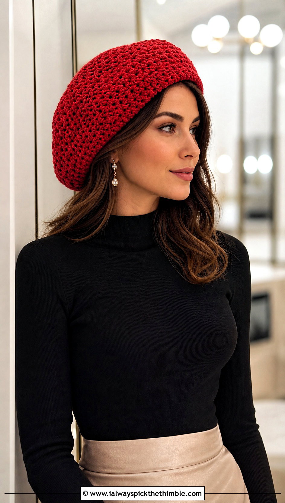 Slouchy Magic Circle Crochet Beret With Satin Skirt - 20 Magic Circle Crochet Hat outfit ideas