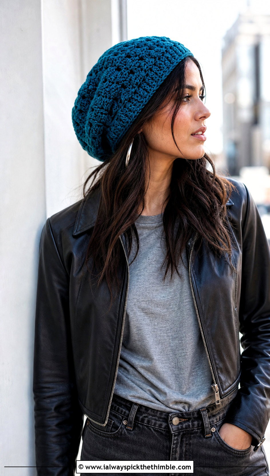 Slouchy Magnolia Crochet Beret With Leather Jacket - 15 magnolia crochet beret outfit ideas