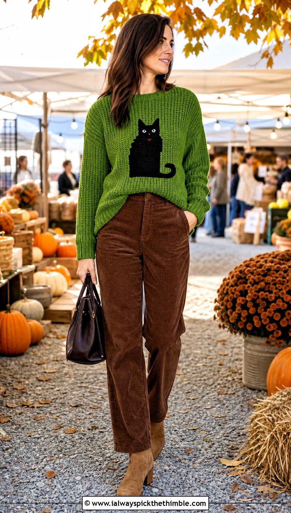 Slouchy Marceline Cat Sweater With Corduroy Pants - 20 crochet marceline sweater outfit ideas