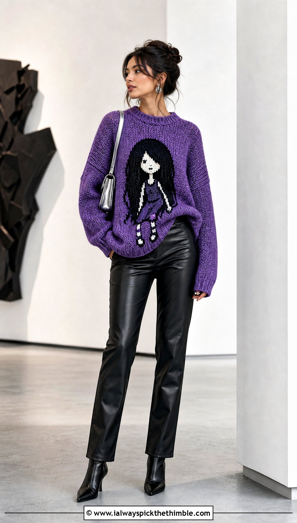 Slouchy Marceline Cat Sweater With Leather Pants - 20 crochet marceline sweater outfit ideas