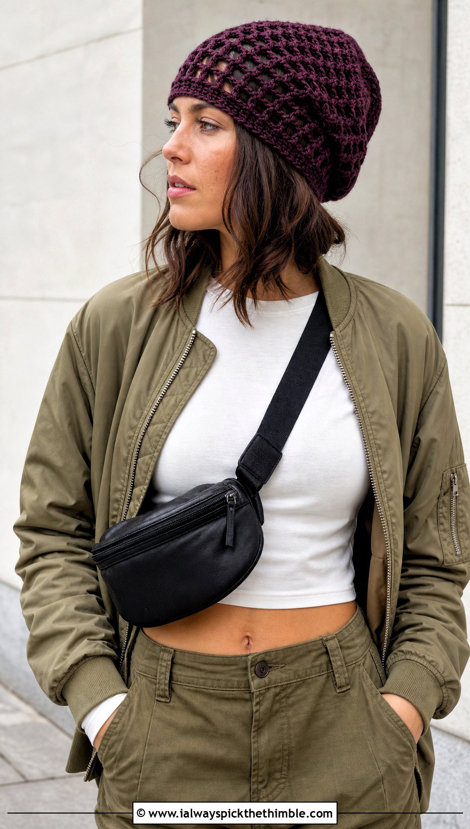 Slouchy Mesh Hat With Cargo Pants - 20 crochet net hat outfit ideas