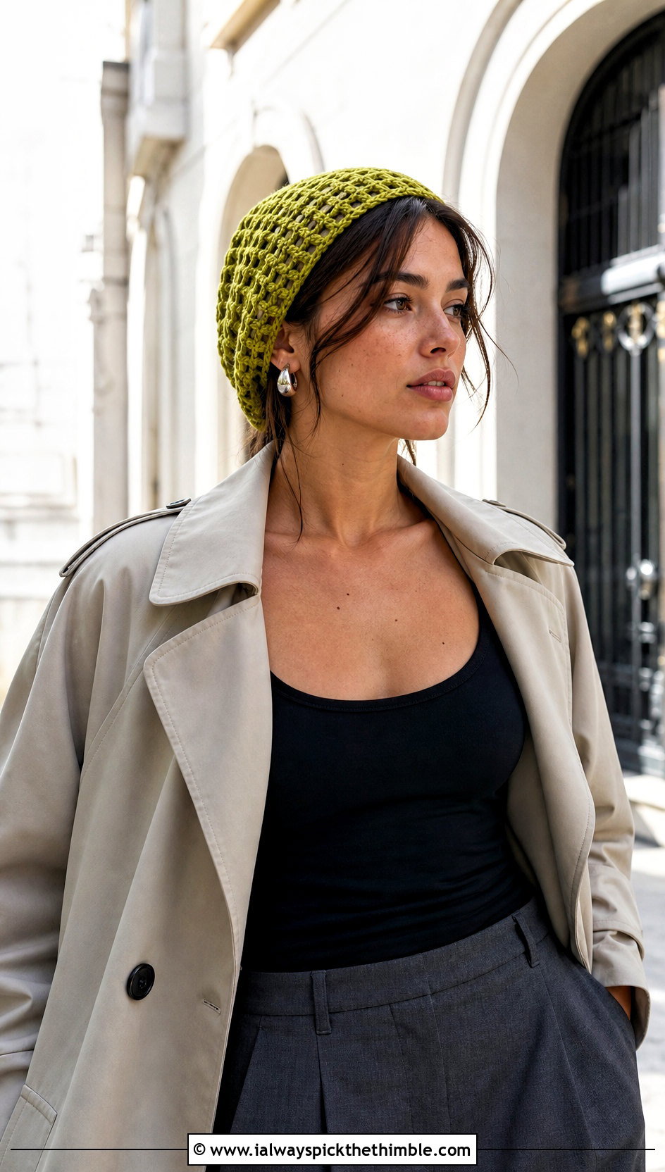 Slouchy Mesh Lightweight Crochet Beanie With Trench Coat - 15 Lightweight Crochet Beanie outfit ideas