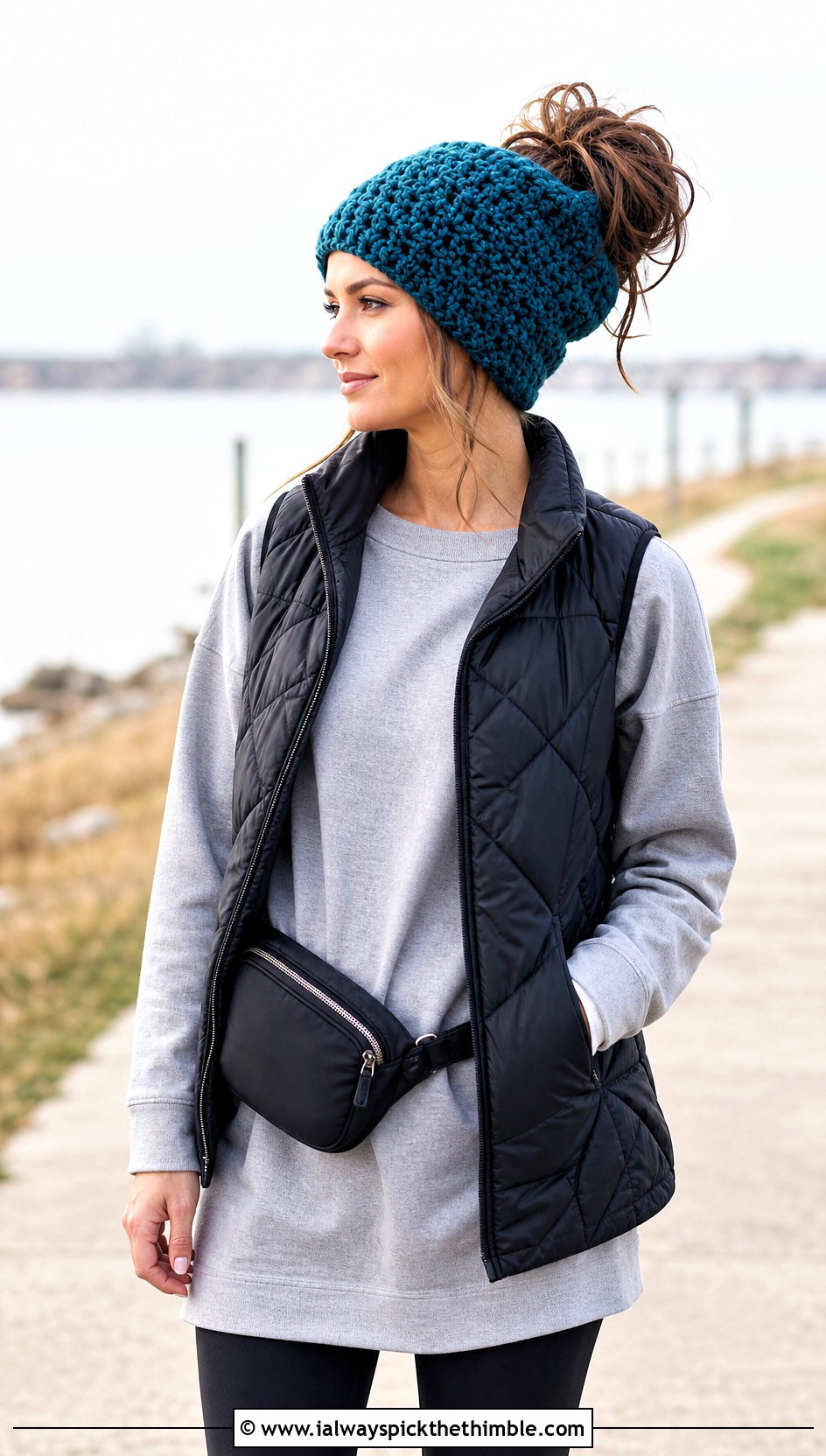 Slouchy Messy Bun Crochet Beanie With Leggings - 20 crochet beanie with ponytail hole outfit ideas
