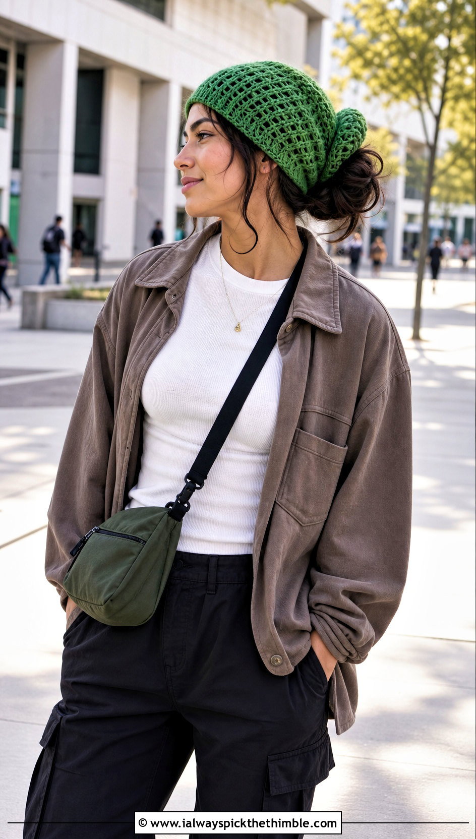 Slouchy Messy Bun Crochet Beanie With Oversized Shacket - 20 easy messy bun crochet beanie outfit ideas