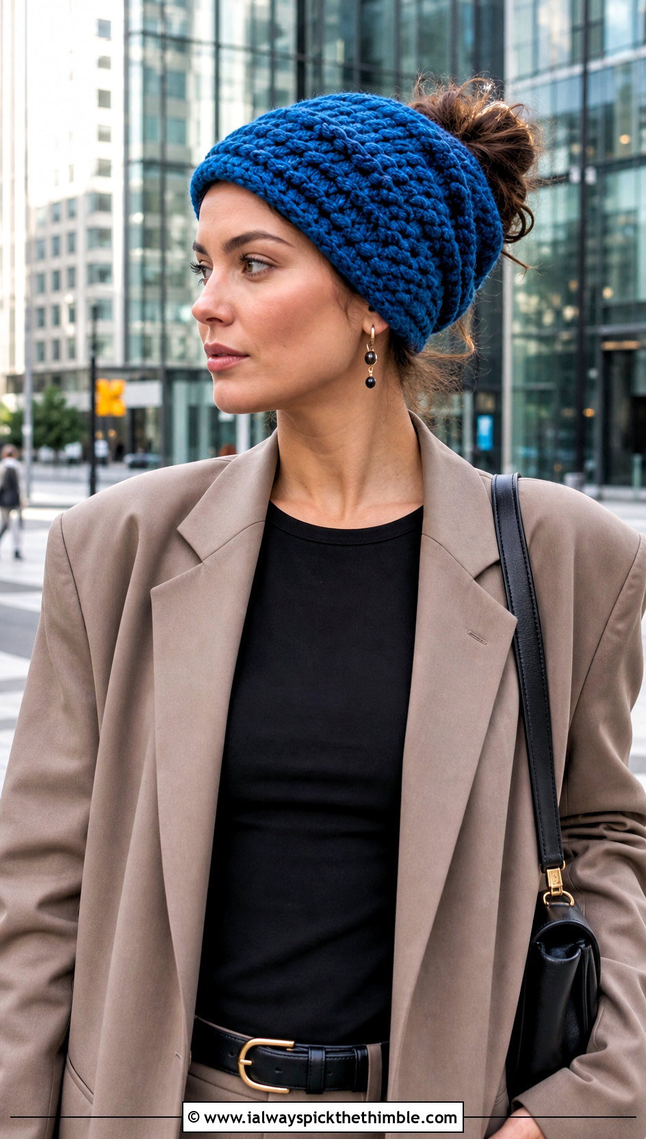 Slouchy Messy Bun Crochet Hat With Oversized Blazer - 20 Easy Messy Bun Crochet Hat outfit ideas