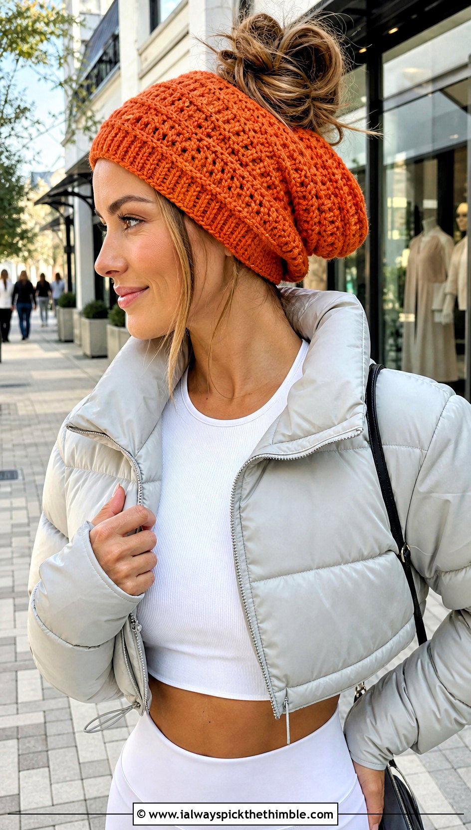 Slouchy Messy Bun Crochet Hat With Parachute Pants - 20 Messy Bun Crochet Hat outfit ideas