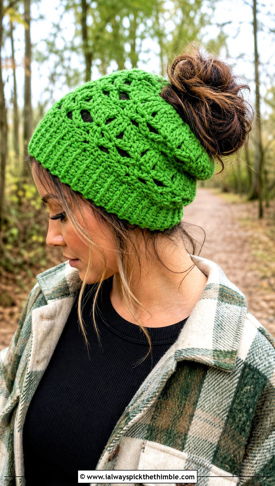Slouchy Messy Bun Crochet Hat With Shacket - 20 messy bun crochet hat with hair tie outfit ideas