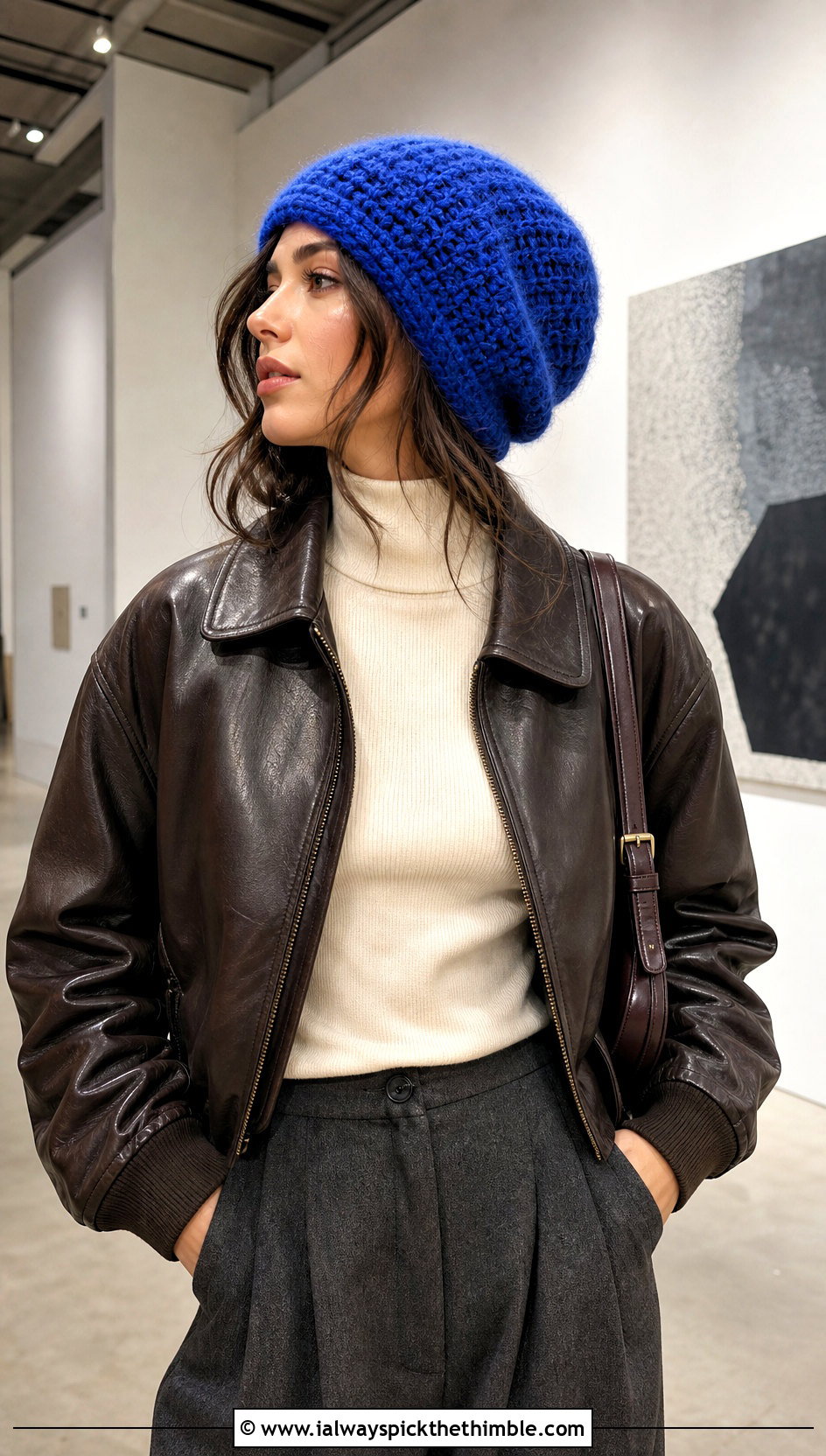 Slouchy Mohair Crochet Beanie With Leather Bomber And Trousers - 25 mohair crochet beanie outfit ideas