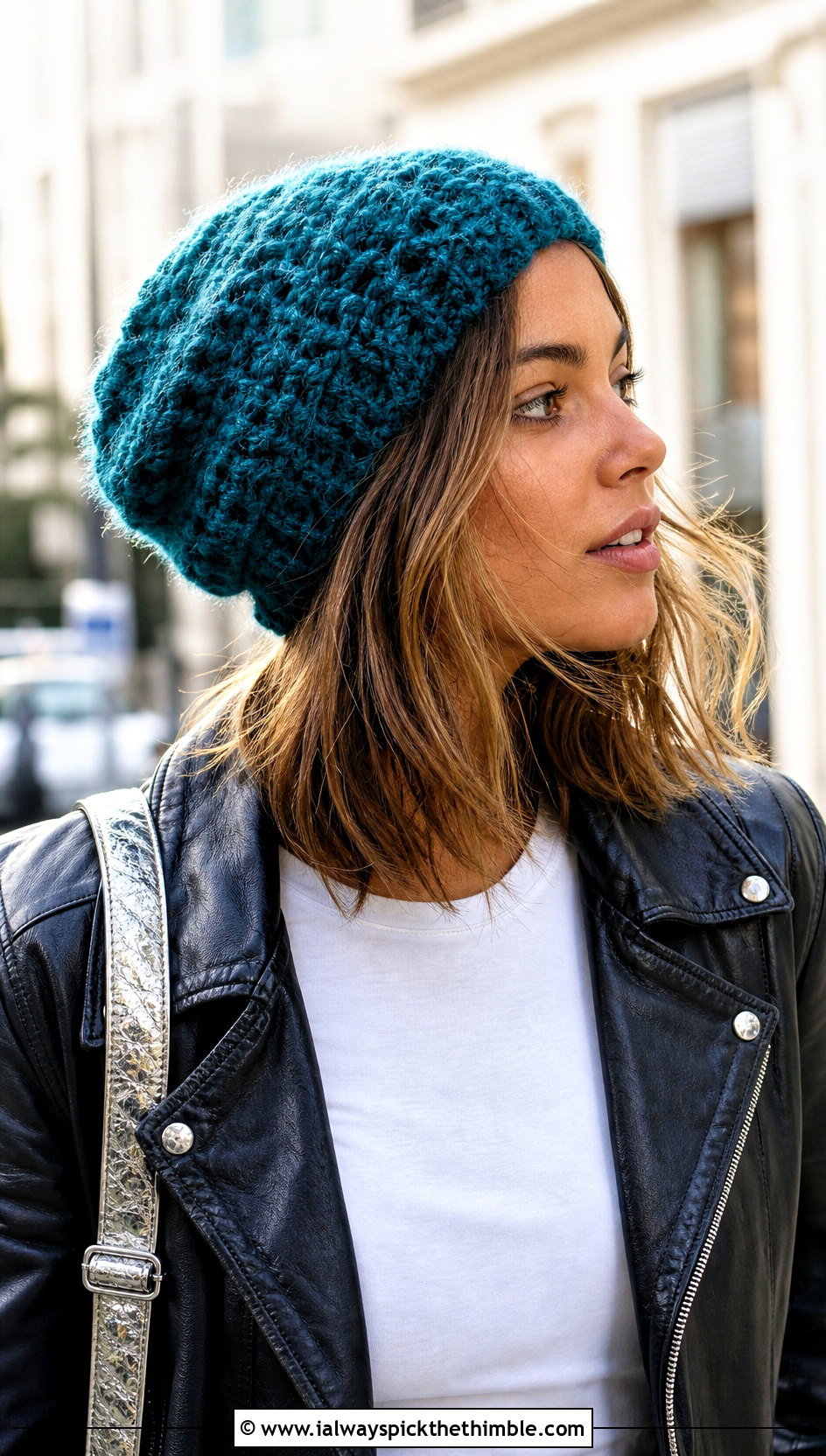 Slouchy Mohair Crochet Beanie With Leather Jacket And Wide Leg Pants - 25 Mohair Crochet Hat outfit ideas