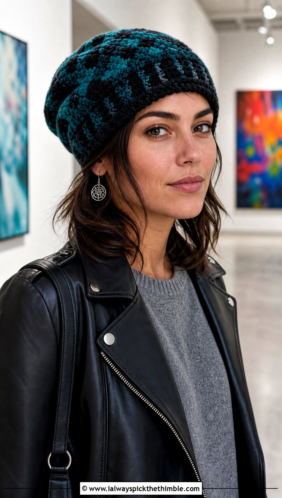 Slouchy Mosaic Crochet Beanie With Leather Jacket - 20 Mosaic Crochet Beanie outfit ideas