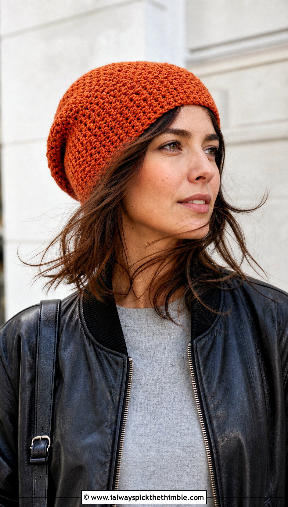 Slouchy Moss Stitch Beanie With Leather Bomber Jacket - 20 Crochet Moss Stitch Hat outfit ideas