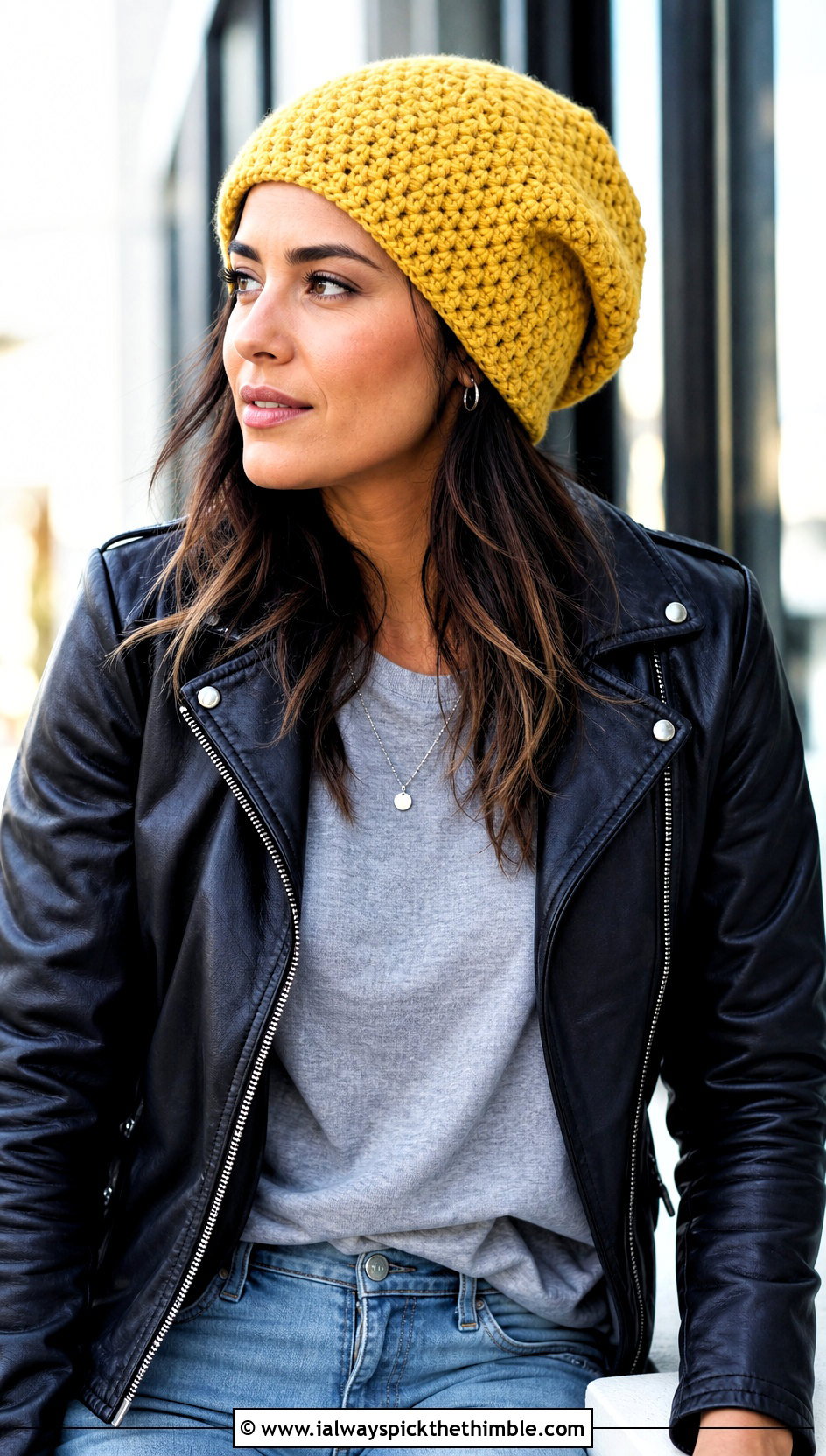 Slouchy Moss Stitch Beanie With Leather Jacket - 20 Crochet Moss Stitch Beanie outfit ideas