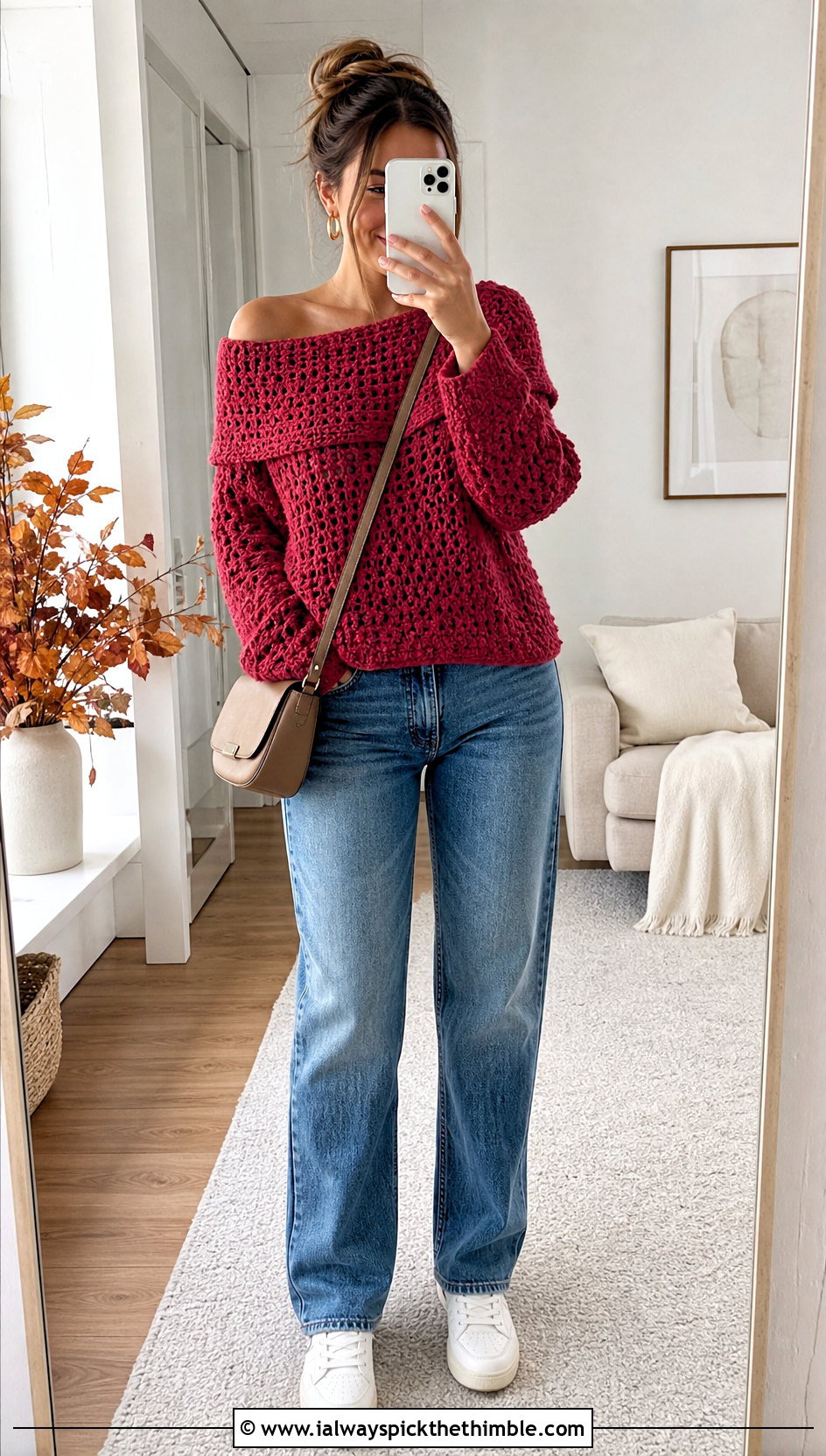 Slouchy Off Shoulder Crochet Sweater With Straight Leg Jeans - 25 off shoulder crochet sweater outfit ideas