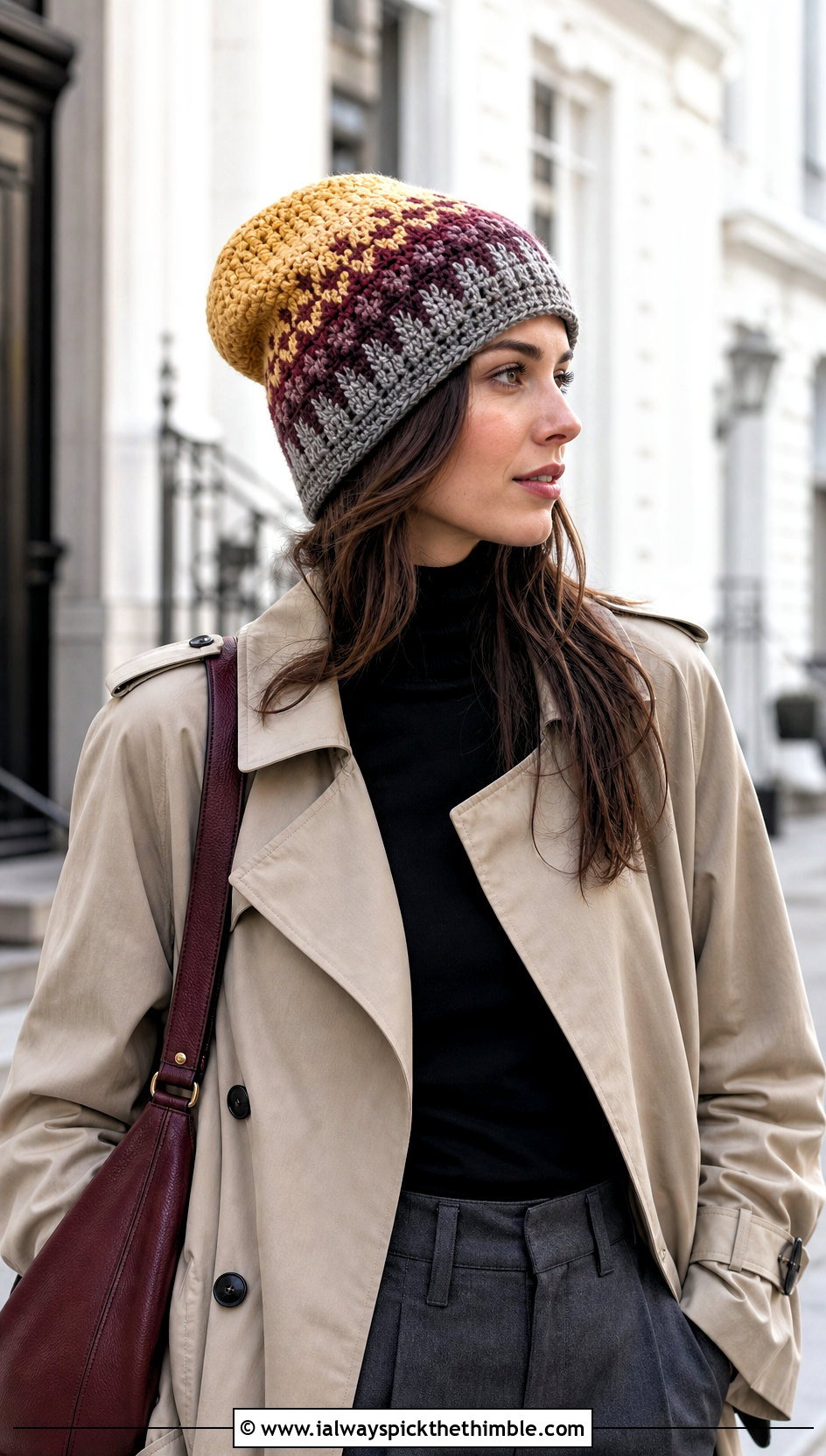 Slouchy Ombre Fair Isle Beanie With Trench Coat - 20 Crochet Fair Isle Beanie outfit ideas