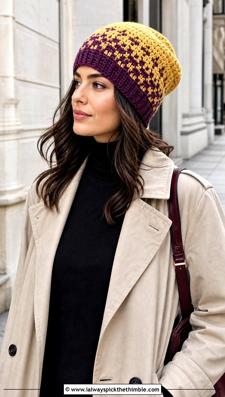 Slouchy Ombre Fair Isle Crochet Beanie With Trench Coat - 15 Fair Isle Crochet Beanie outfit ideas