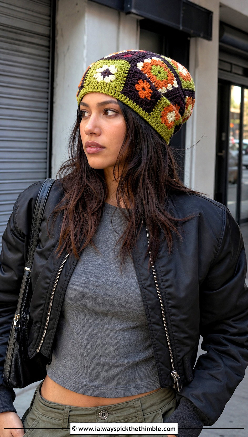 Slouchy Patchwork Granny Square Crochet Beanie With Cargo Pants - 20 granny square crochet beanie outfit ideas