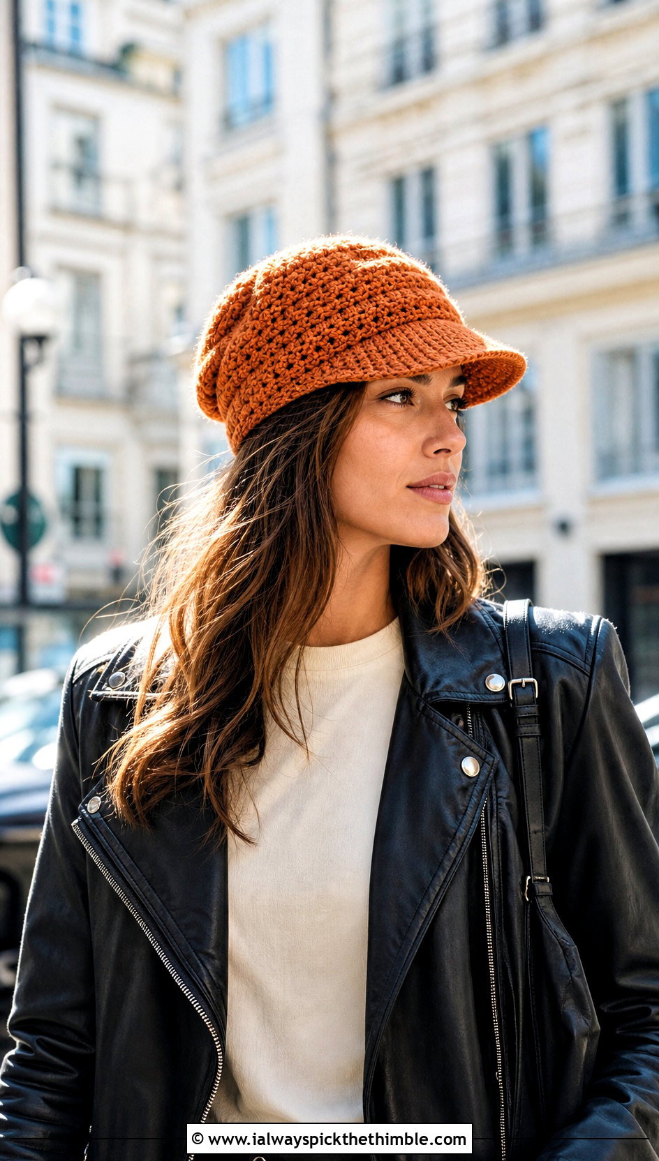 Slouchy Peak Cap With Leather Jacket - 15 Crochet Crowd Hat outfit ideas