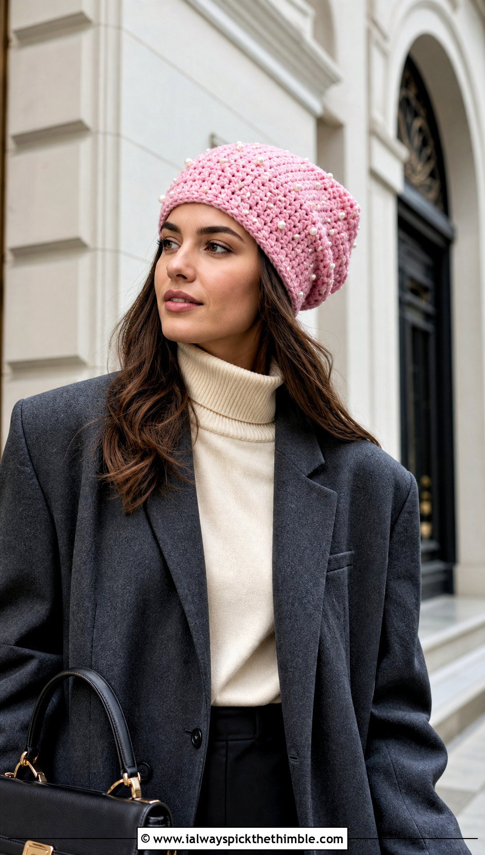Slouchy Pearl Crochet Beanie With Tailored Suit - 15 Pearl Crochet Beanie outfit ideas