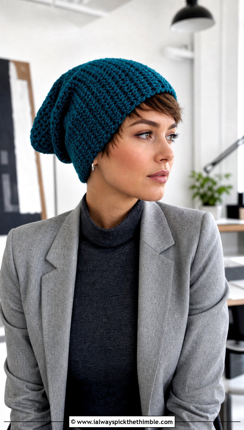 Slouchy Pixie Beanie With Blazer And Trousers - 20 crochet pixie hat outfit ideas