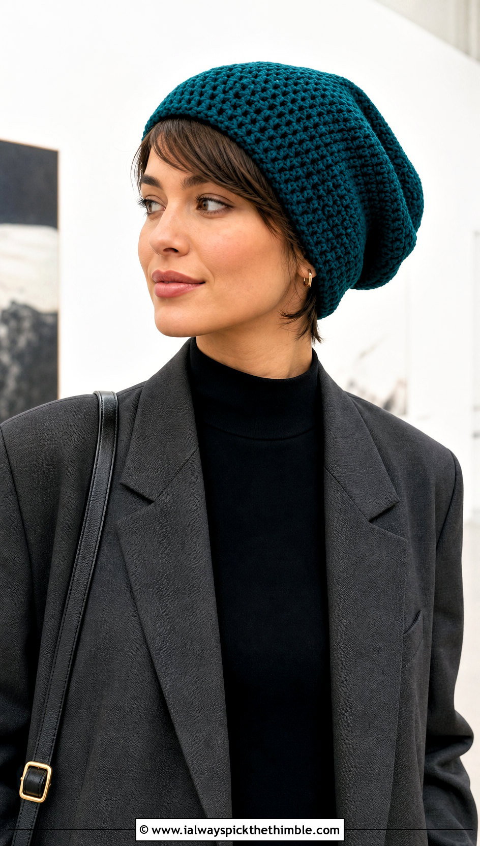 Slouchy Pixie Crochet Beanie With Blazer And Trousers - 20 Pointed Crochet Hat outfit ideas