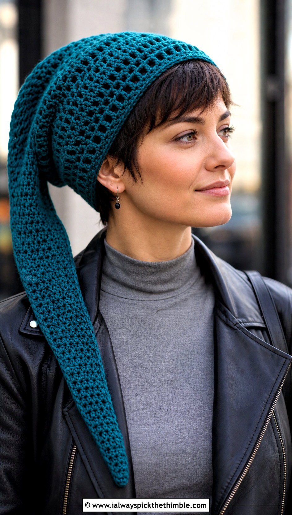 Slouchy Pixie Crochet Long Stocking Cap With Leather Jacket - 20 Crochet Long Stocking Cap outfit ideas