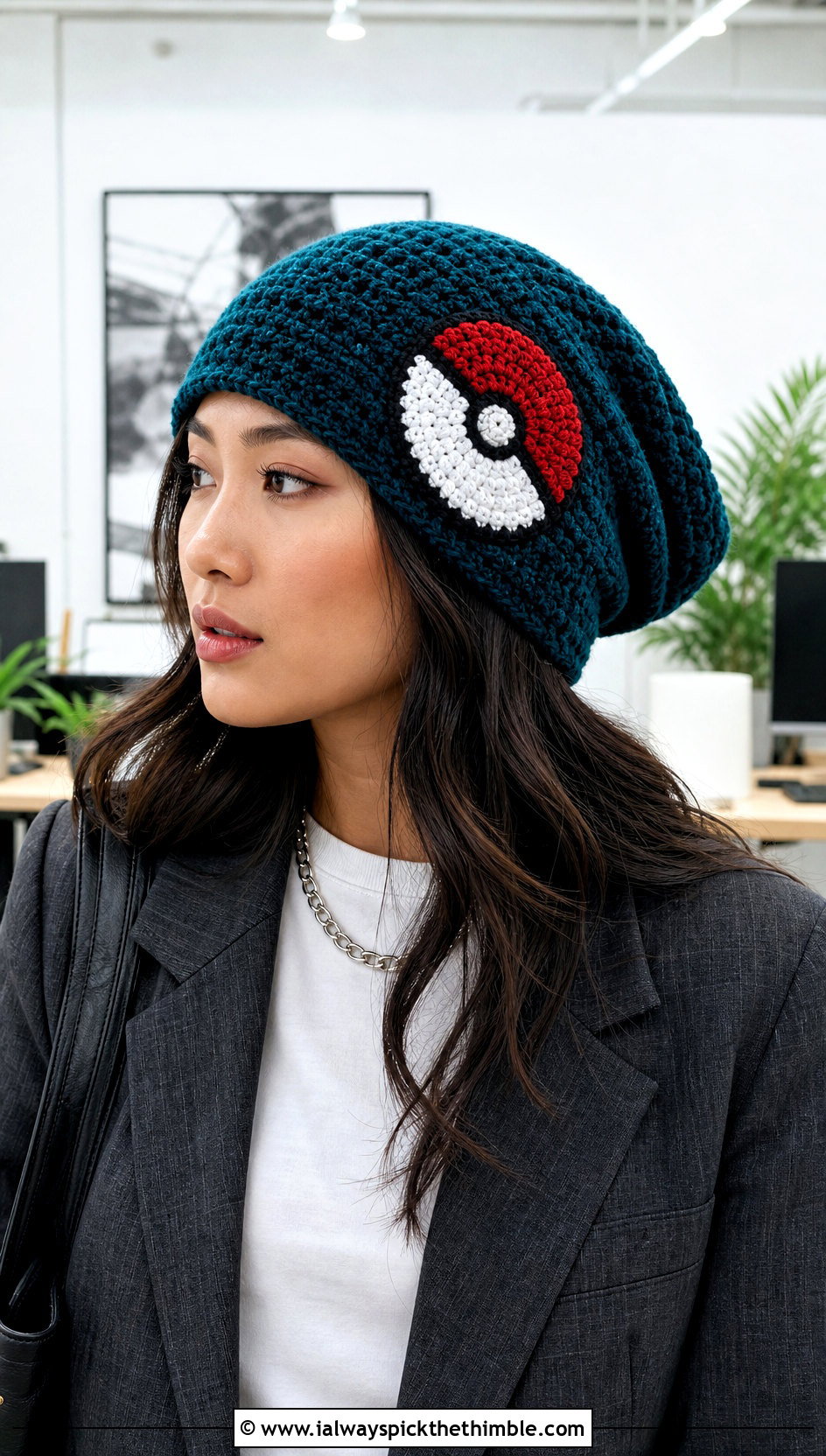 Slouchy Pokeball Crochet Beanie With Blazer - 20 Pokeball Crochet Hat outfit ideas