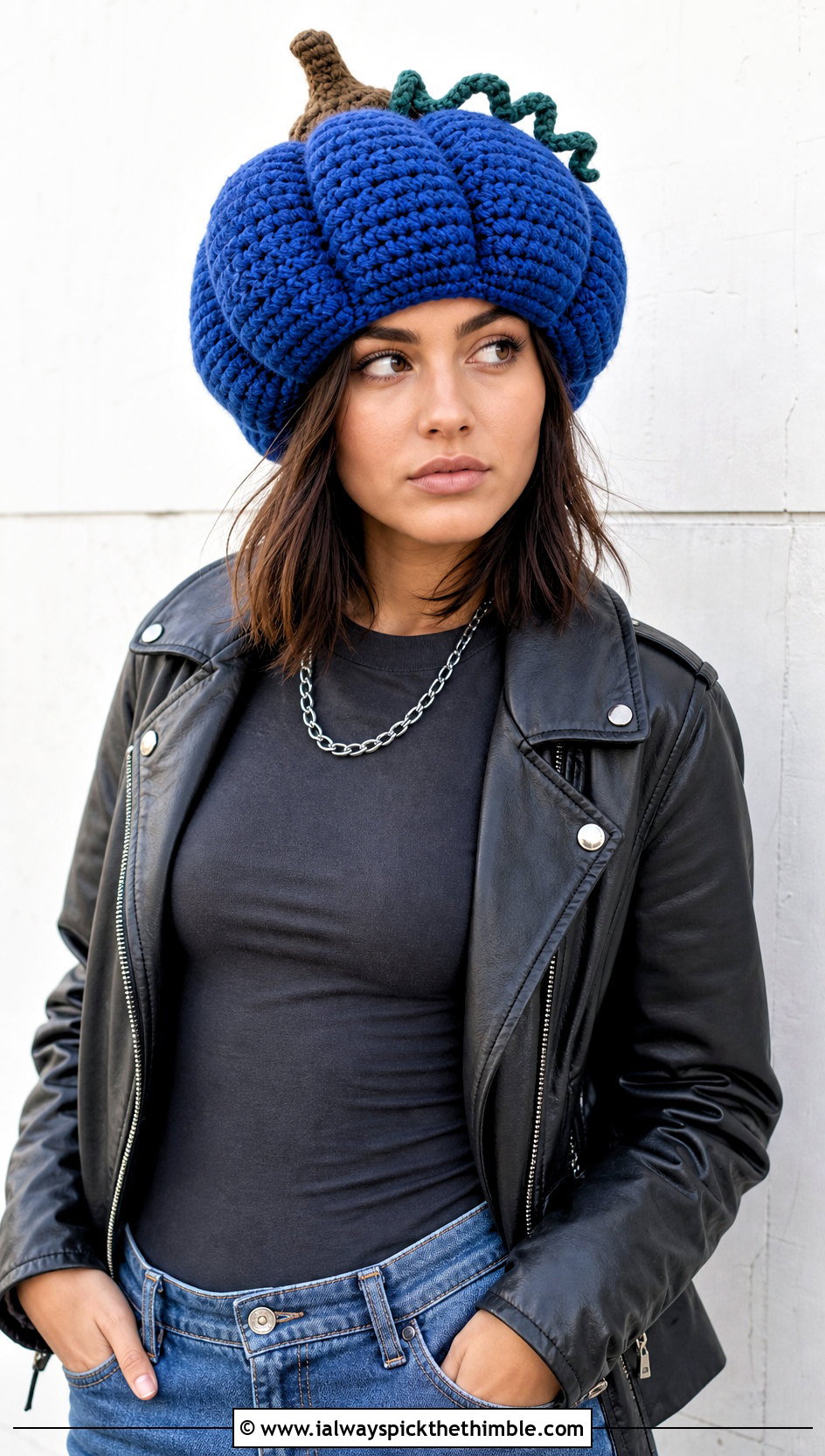 Slouchy Pumpkin Beanie With Leather Jacket - 15 Crocheted Pumpkin Hat outfit ideas
