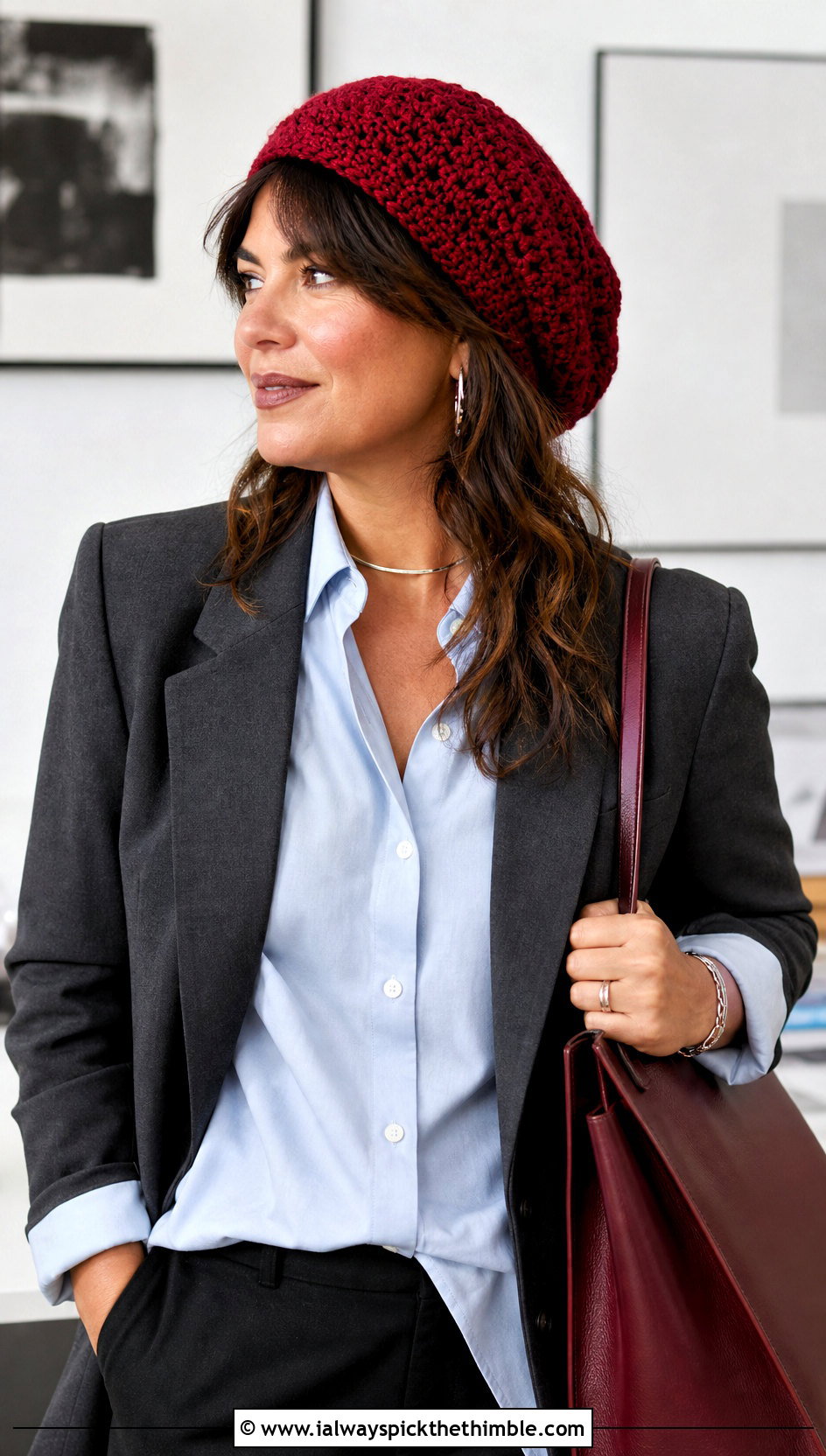 Slouchy Red Crochet Beret With Blazer And Trousers - 15 red crochet beret outfit ideas