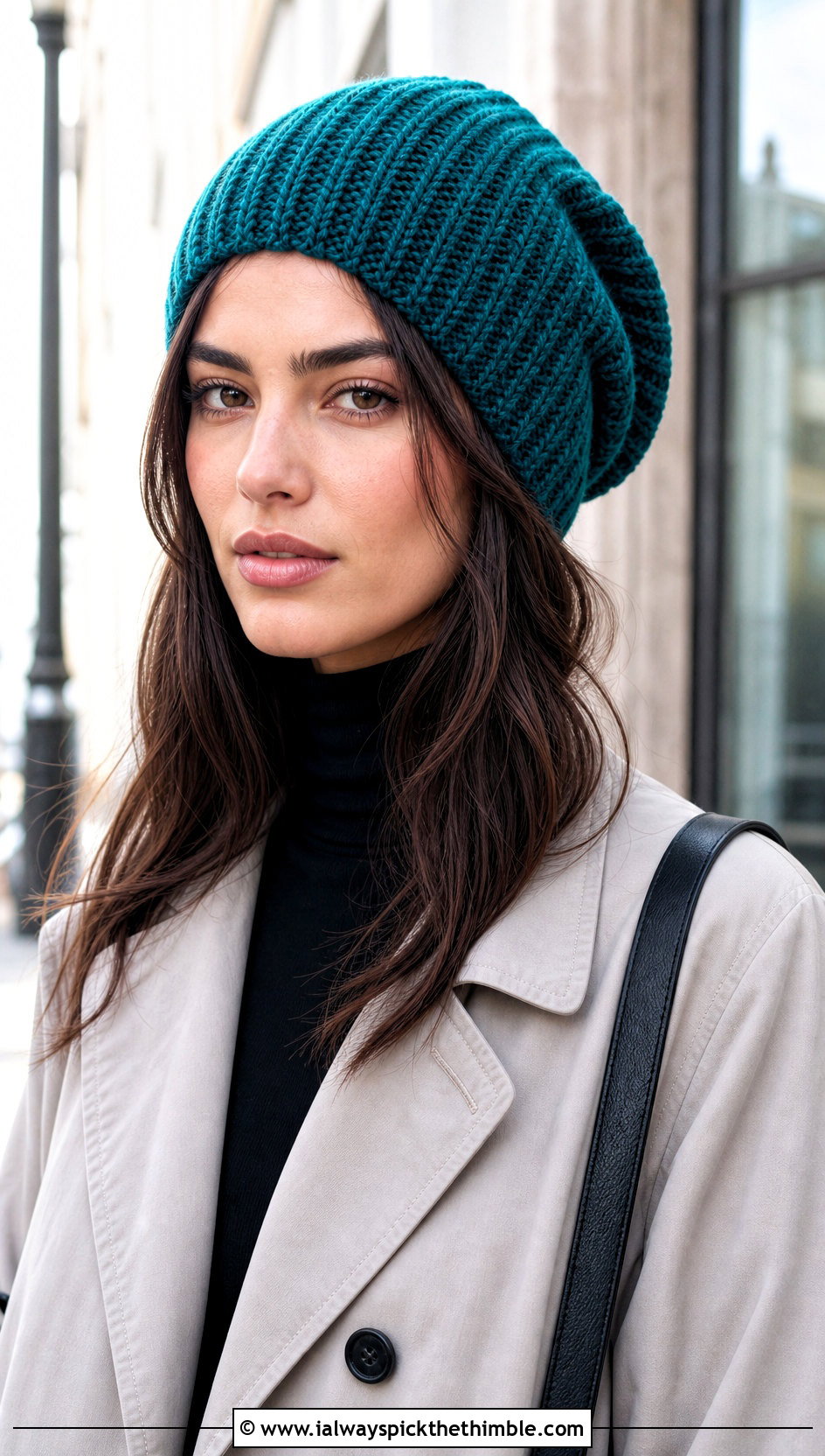 Slouchy Ribbed Crochet Beanie With Trench Coat - 25 crochet beanie outfit ideas