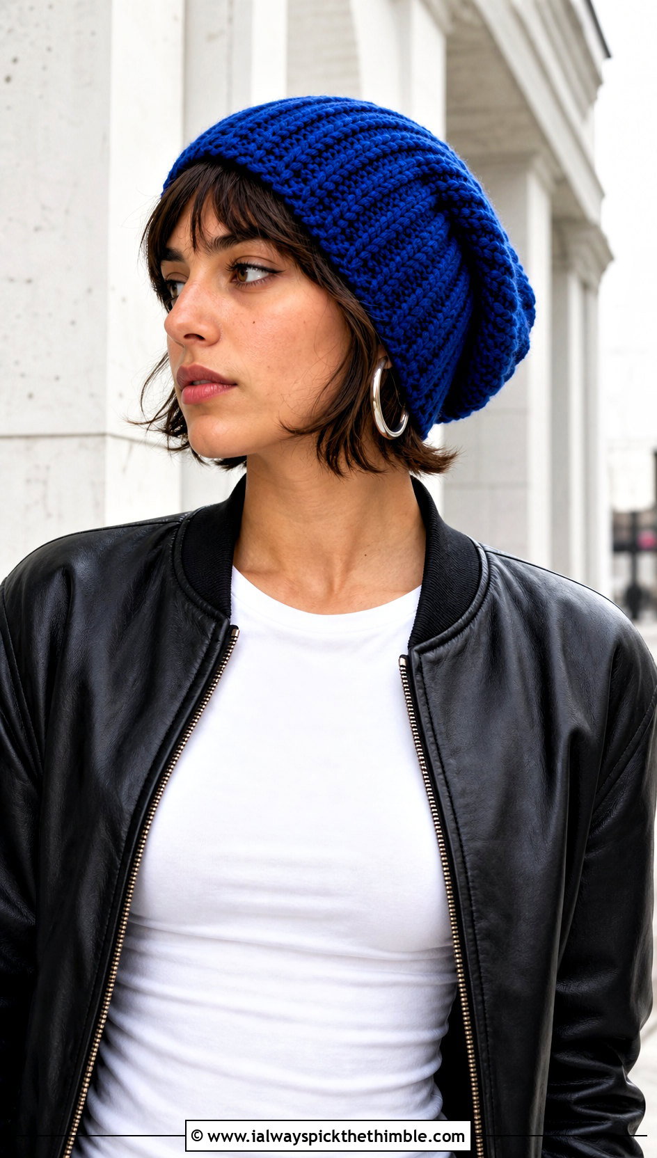Slouchy Ribbed Crochet Hat With Leather Bomber Jacket - 25 ribbed crochet hat outfit ideas