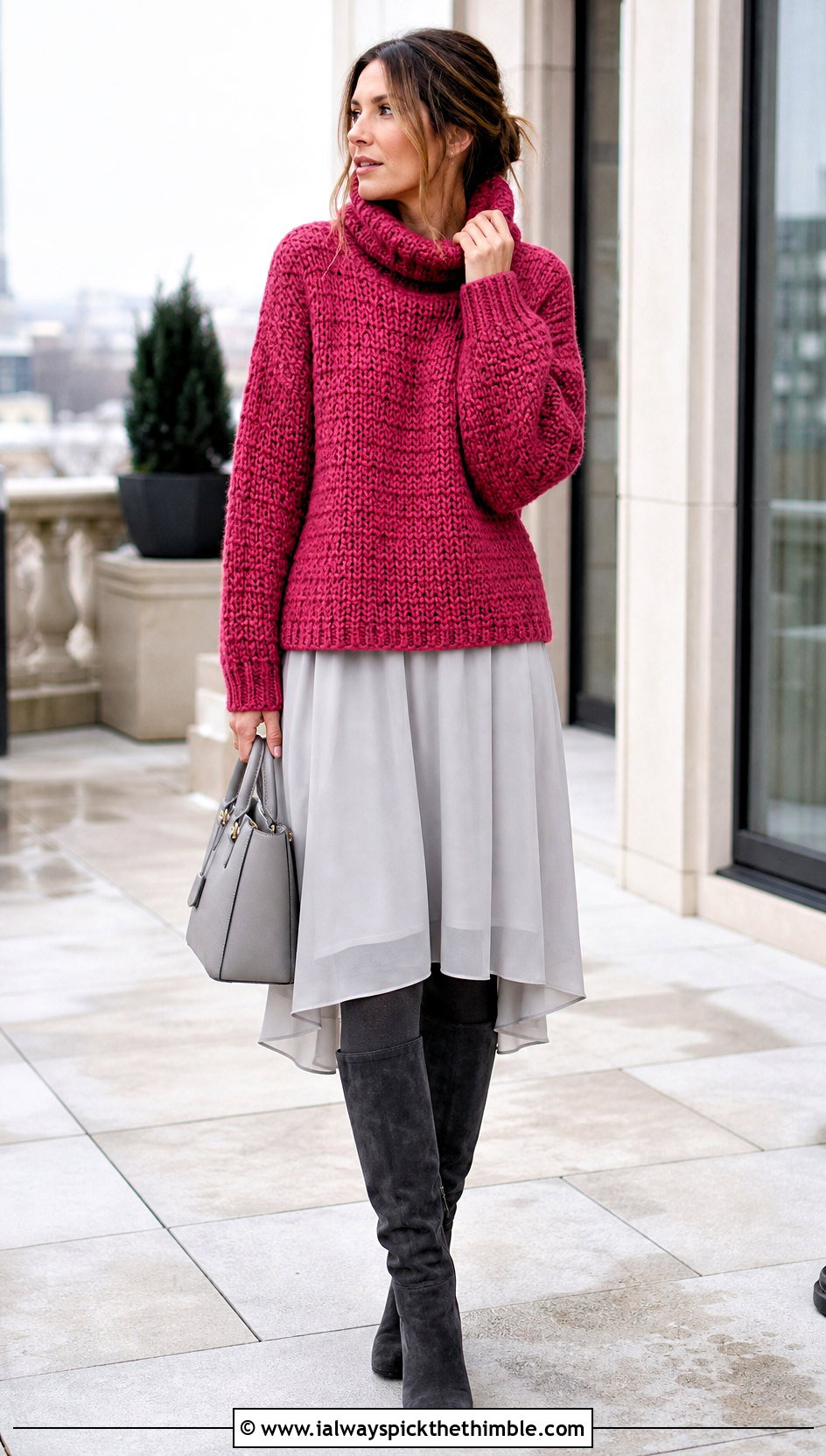 Slouchy Roll Neck Crochet Sweater Over A Midi Dress - 25 crochet turtle neck sweater outfit ideas