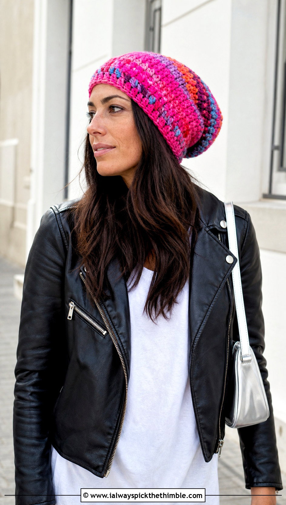 Slouchy Scrap Crochet Beanie With Leather Jacket And Leggings - 25 crochet scrap beanie outfit ideas