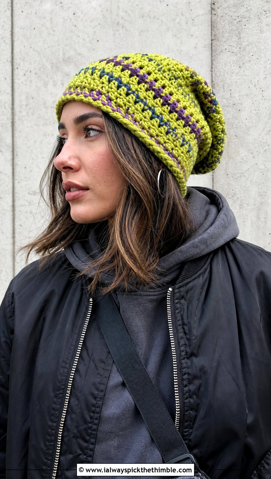 Slouchy Scrap Yarn Crochet Beanie With Oversized Hoodie - 20 scrap yarn crochet beanie outfit ideas