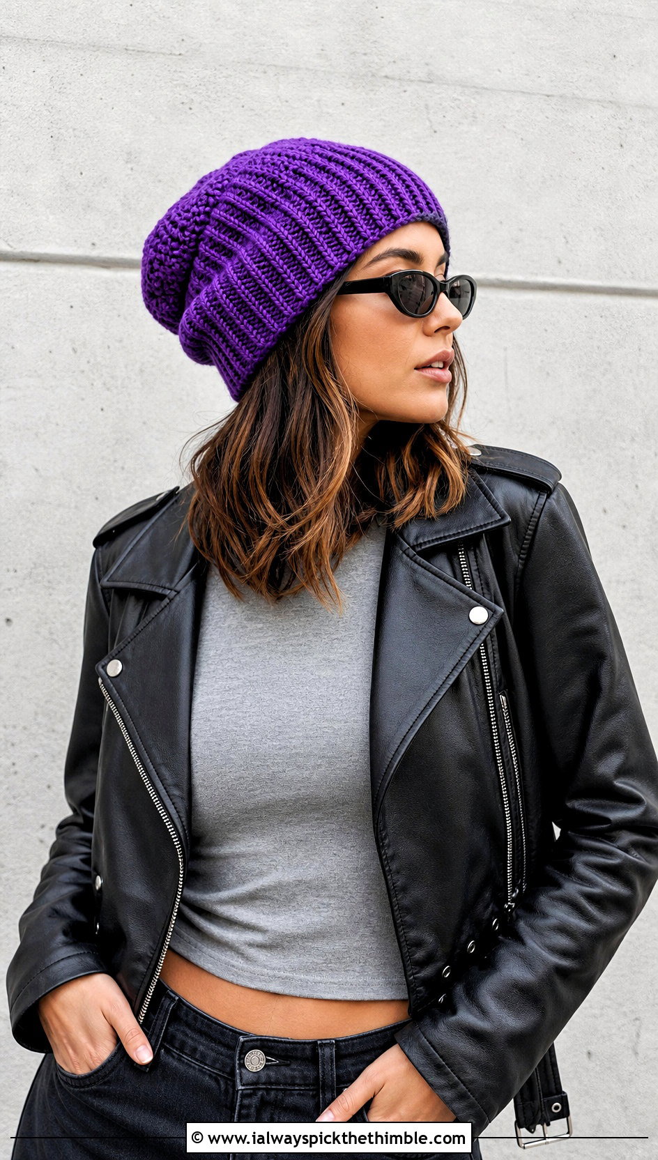Slouchy Short Row Beanie With Leather Jacket - 20 Crochet Short Row Beanie outfit ideas