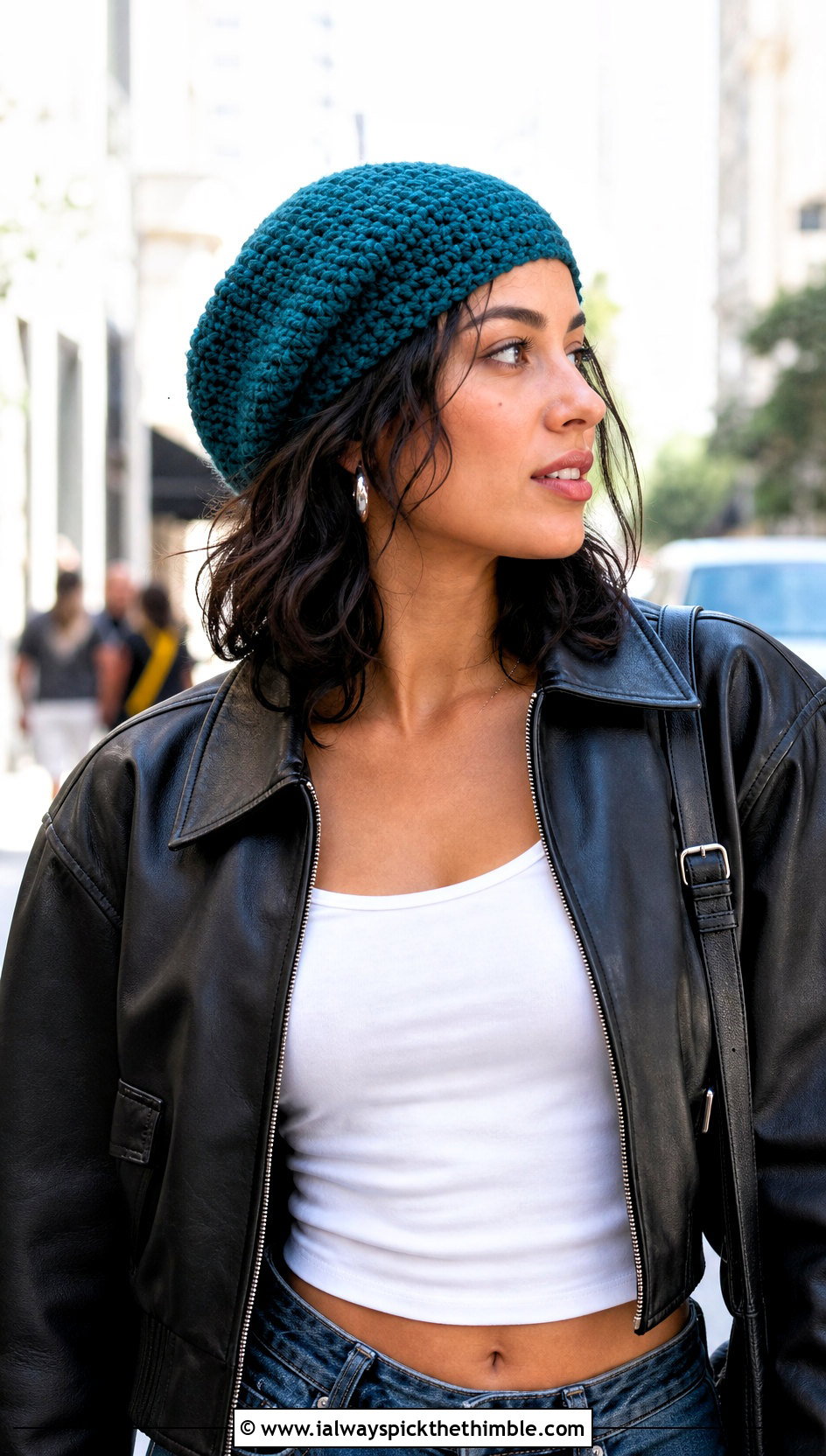Slouchy Short Row Crochet Hat With Leather Bomber Jacket - 20 short row crochet hat outfit ideas