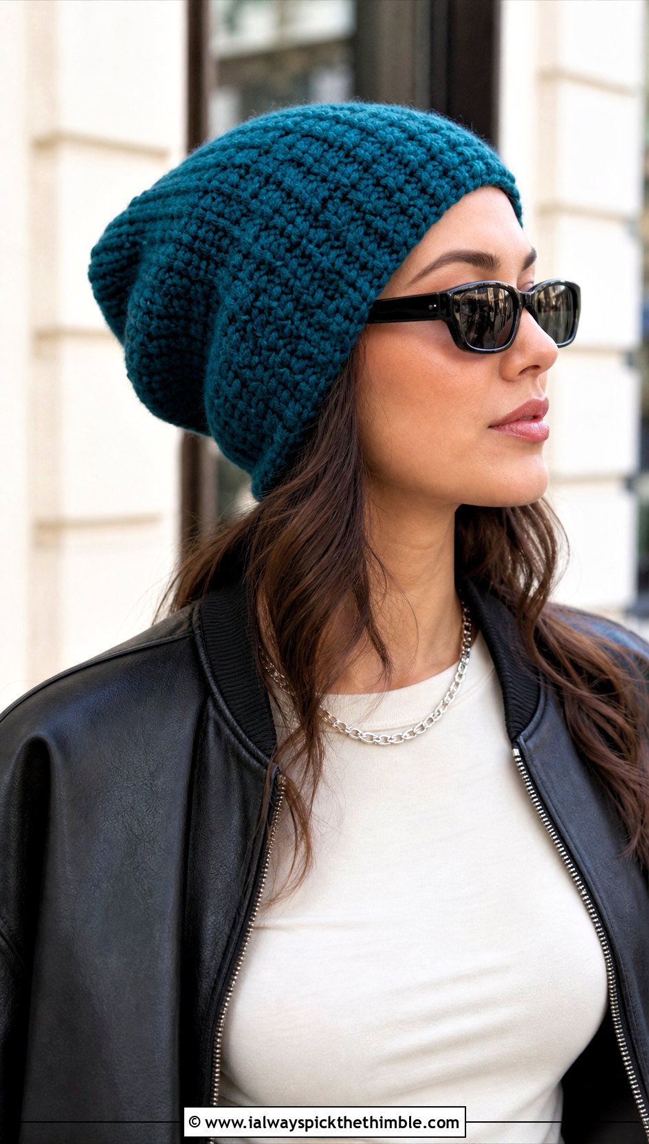 Slouchy Single Crochet Beanie With Leather Bomber Jacket - 25 single crochet beanie outfit ideas