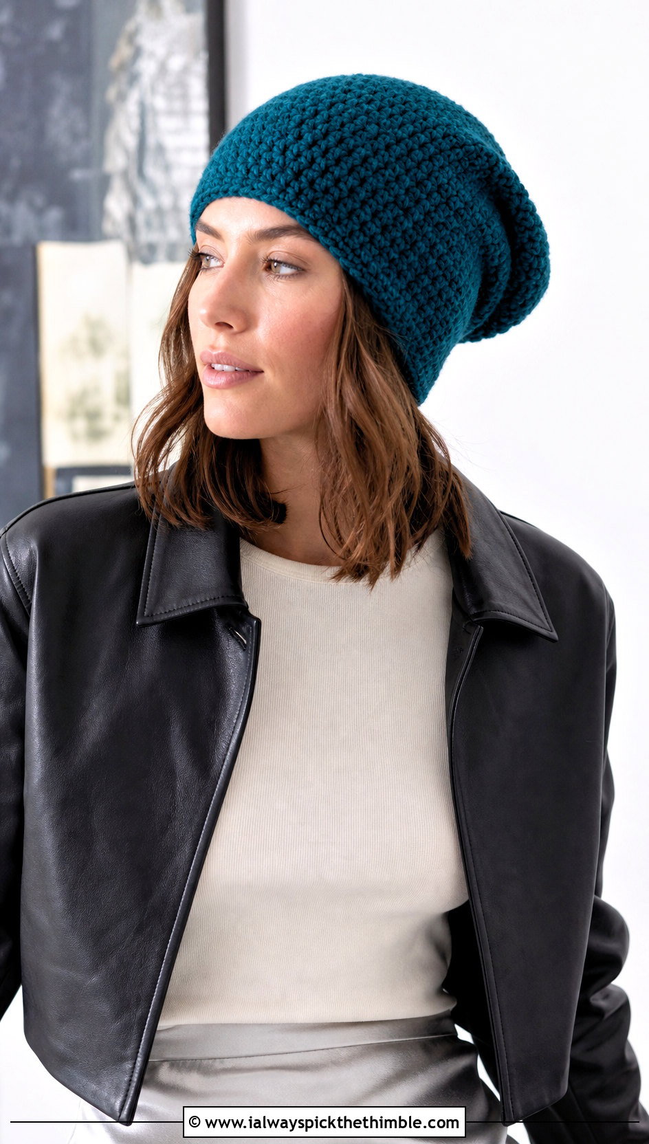 Slouchy Single Crochet Beanie With Leather Jacket And Satin Skirt - 15 Sc Crochet Beanie outfit ideas