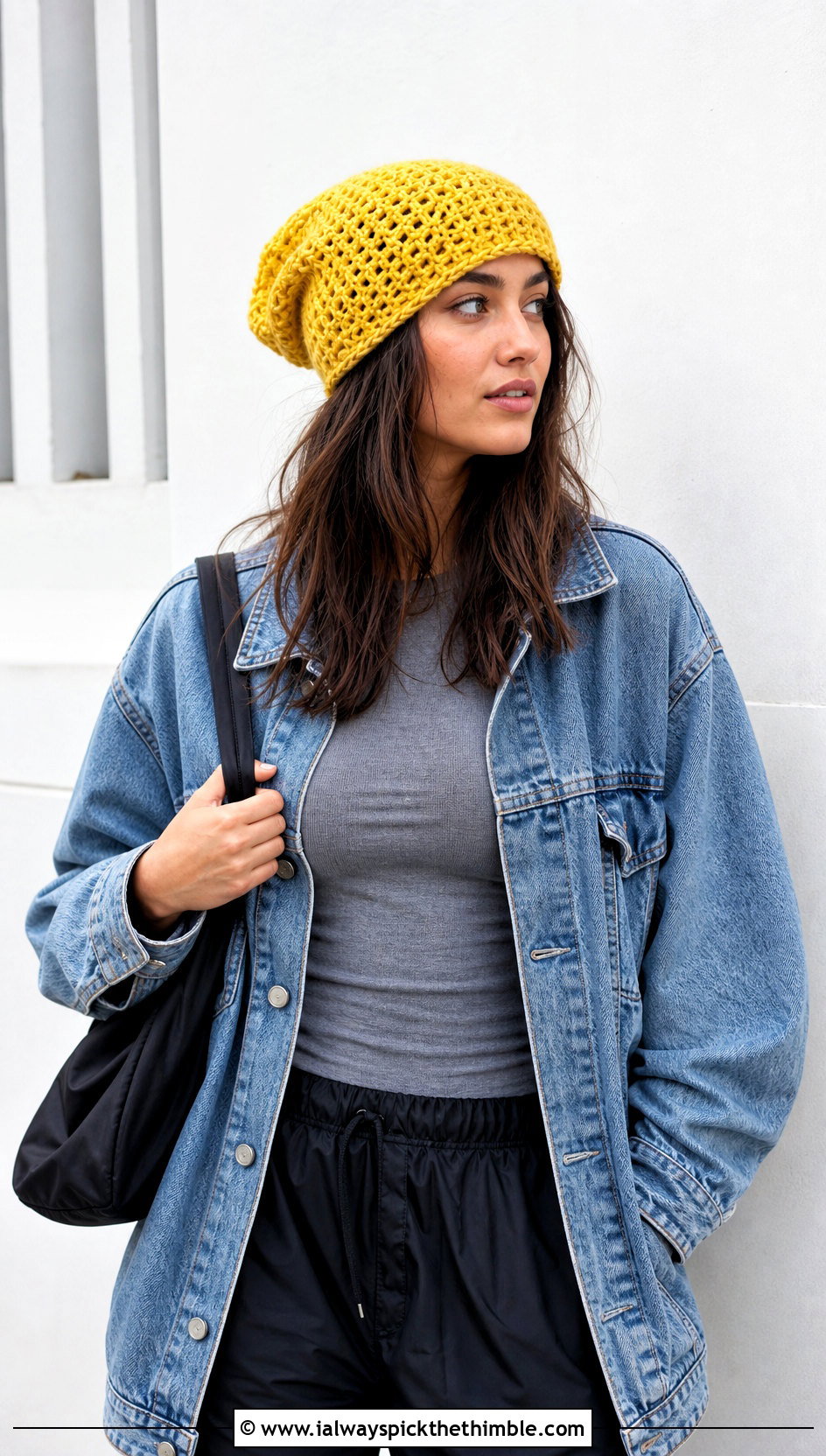 Slouchy Size 4 Yarn Crochet Beanie With Denim Jacket - 20 Crochet Beanie Size 4 Yarn outfit ideas