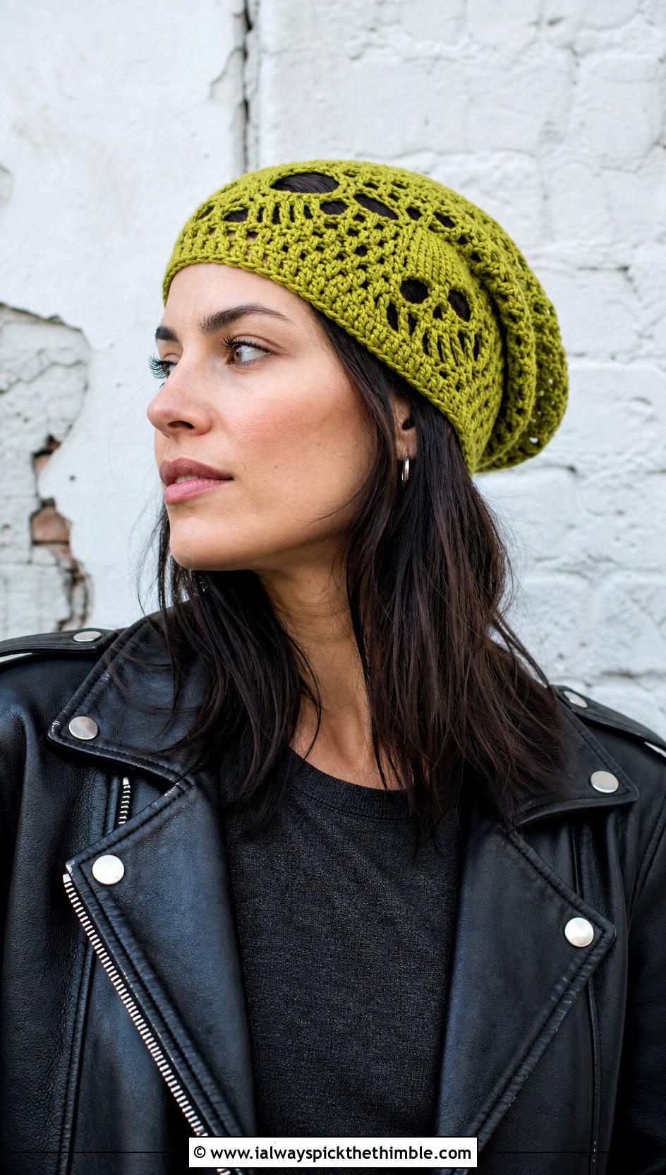Slouchy Skull Motif Crochet Beanie With Leather Jacket - 20 crochet skull beanie outfit ideas