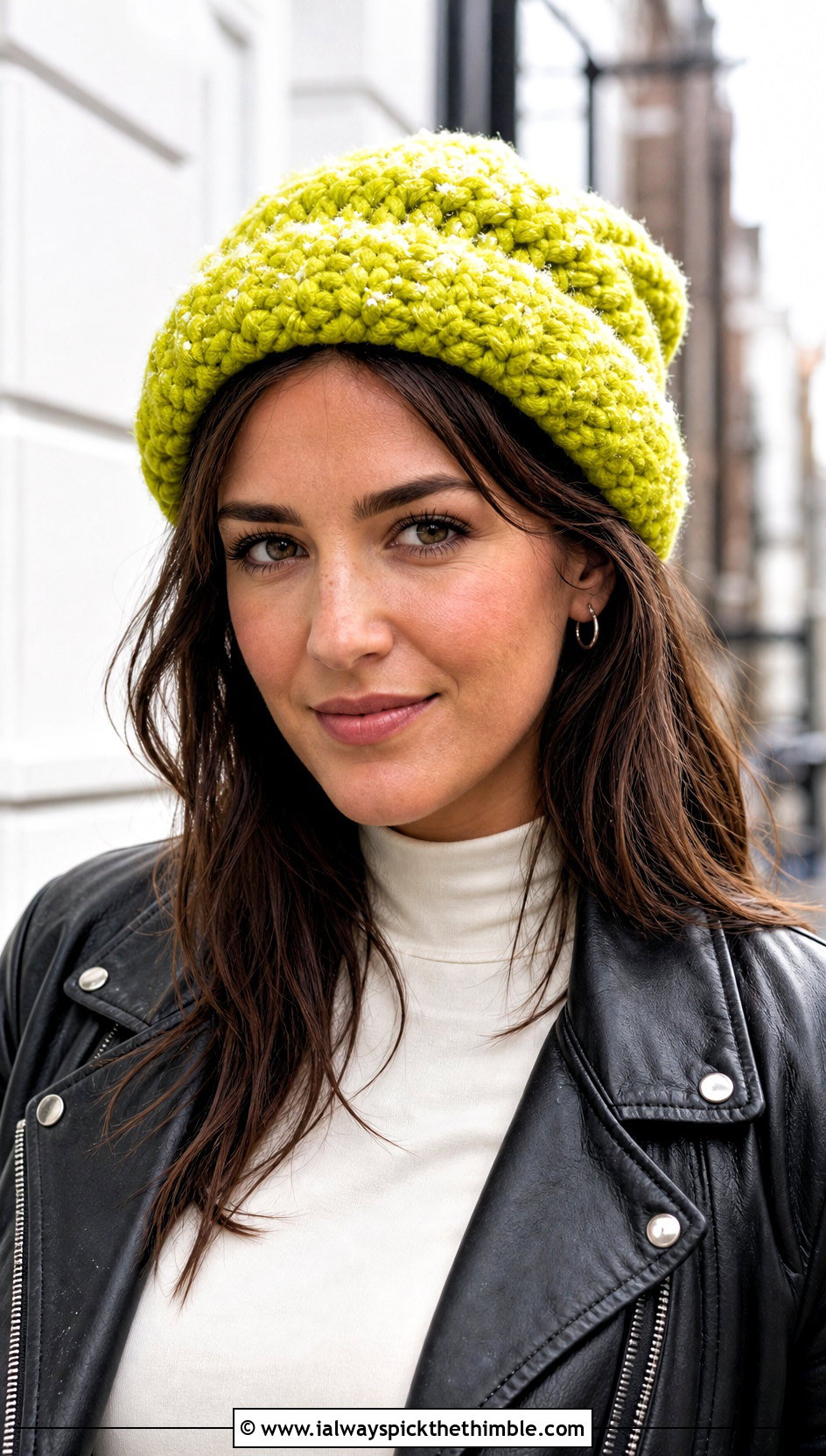 Slouchy Snowy Puff Crochet Hat With Leather Jacket - 15 snowy puff crochet hat outfit ideas